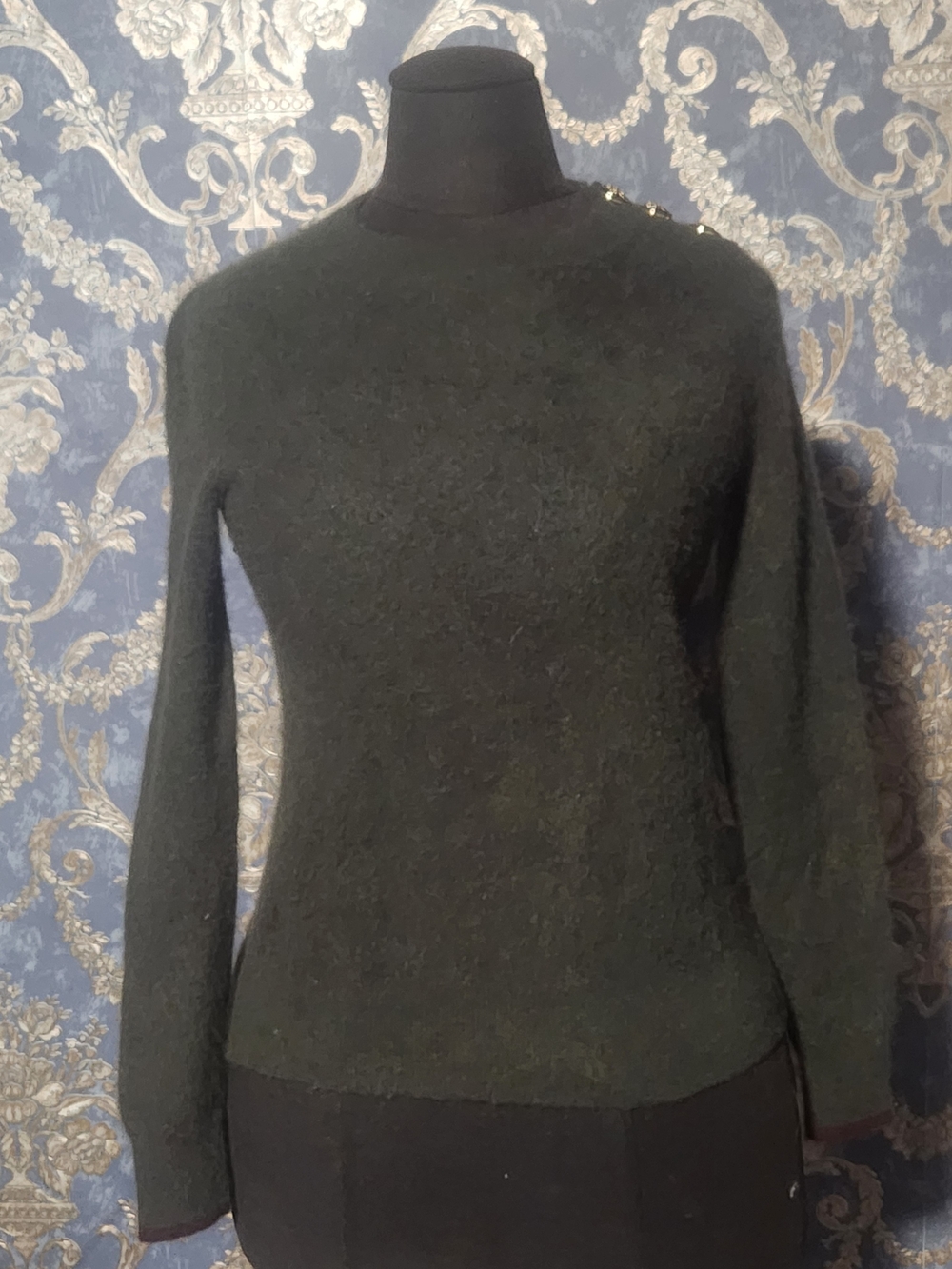 Lord & Taylor Dark Green Crewneck Sweater with Shoulder Buttons